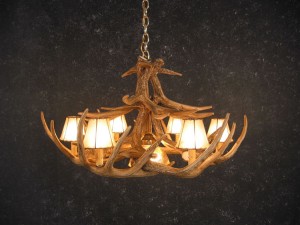 Whitetail 12 Antler Chandelier with Rawhide Shades and Downlight