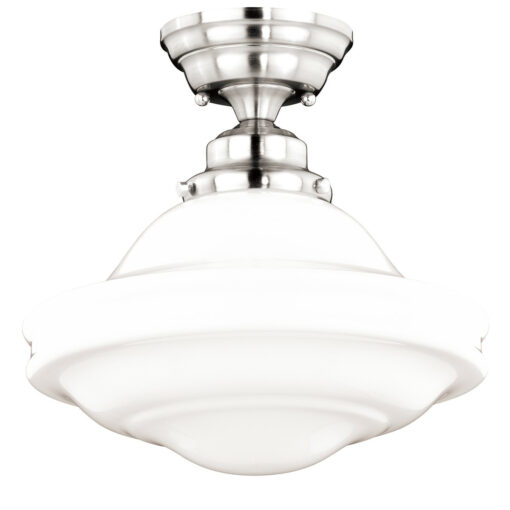 Huntley 12-in W Satin Nickel Farmhouse Schoolhouse Semi Flush Mount Ceiling Light White Glass