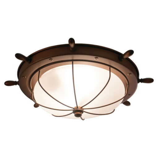 Orleans Copper Coastal Ship Wheel Outdoor Flush Mount Ceiling Light White Glass