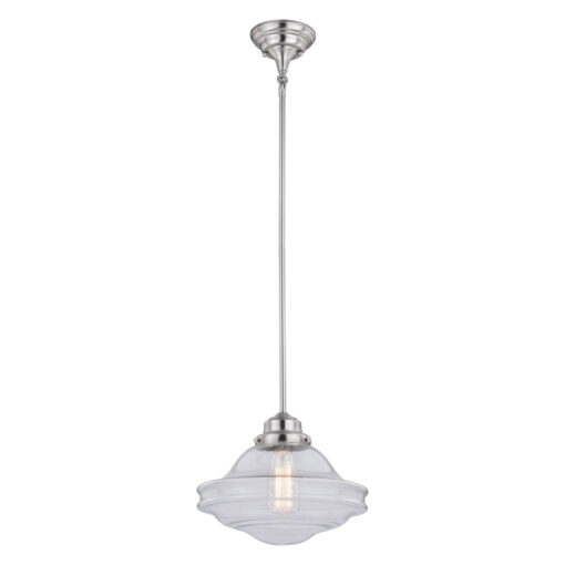 Huntley 1 Light Satin Nickel Farmhouse Schoolhouse Pendant Clear Glass