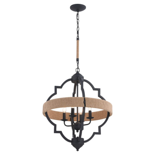 Beaumont 4L Gray and Natural Rope Farmhouse Cage Pendant Light