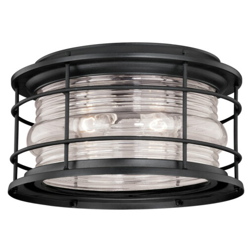 Hyannis Black Coastal Round Outdoor Flush Mount Ceiling Light Clear Glass