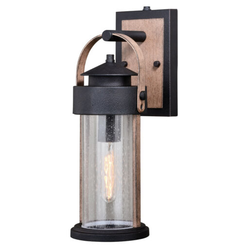 Cumberland 1 Light Dusk to Dawn Brown Wood Rustic Outdoor Wall Lantern Clear Glass
